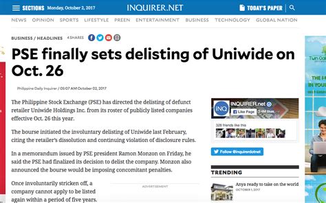 PSE finally sets delisting of Uniwide on Oct. 26.